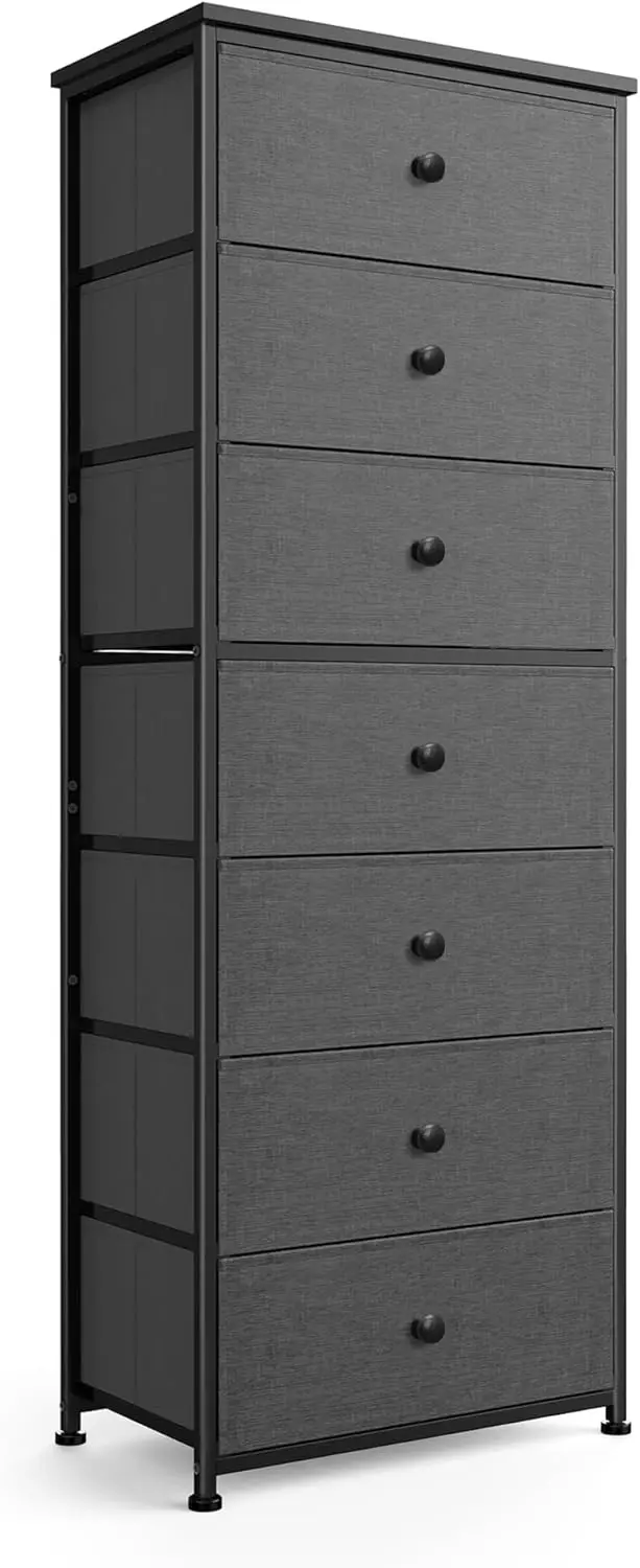 

Tall Fabric Dresser for Bedroom, Vertical Storage Organizer Tower with 7 Drawers, Chest of Drawers with Bins, Steel Frame, Wo