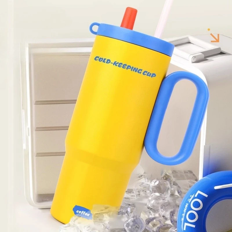 40oz Stainless Steel Straw Insulated Ice Tumbler Large Capacity Tumbler with Handle Stylish Portable Insulated Coffee Cup