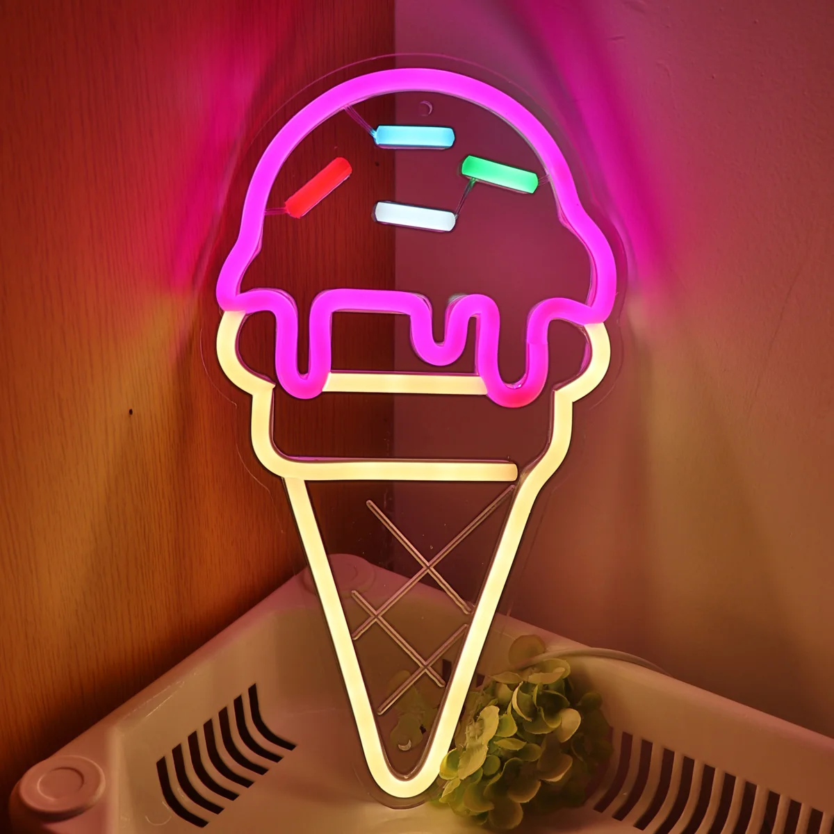 1PC Ice-cream Cone With Sugar Sprinkles LED Wall Neon Sign For Shop Party Dessert Ice Cream Shop Decoration 6.46''*11.65''