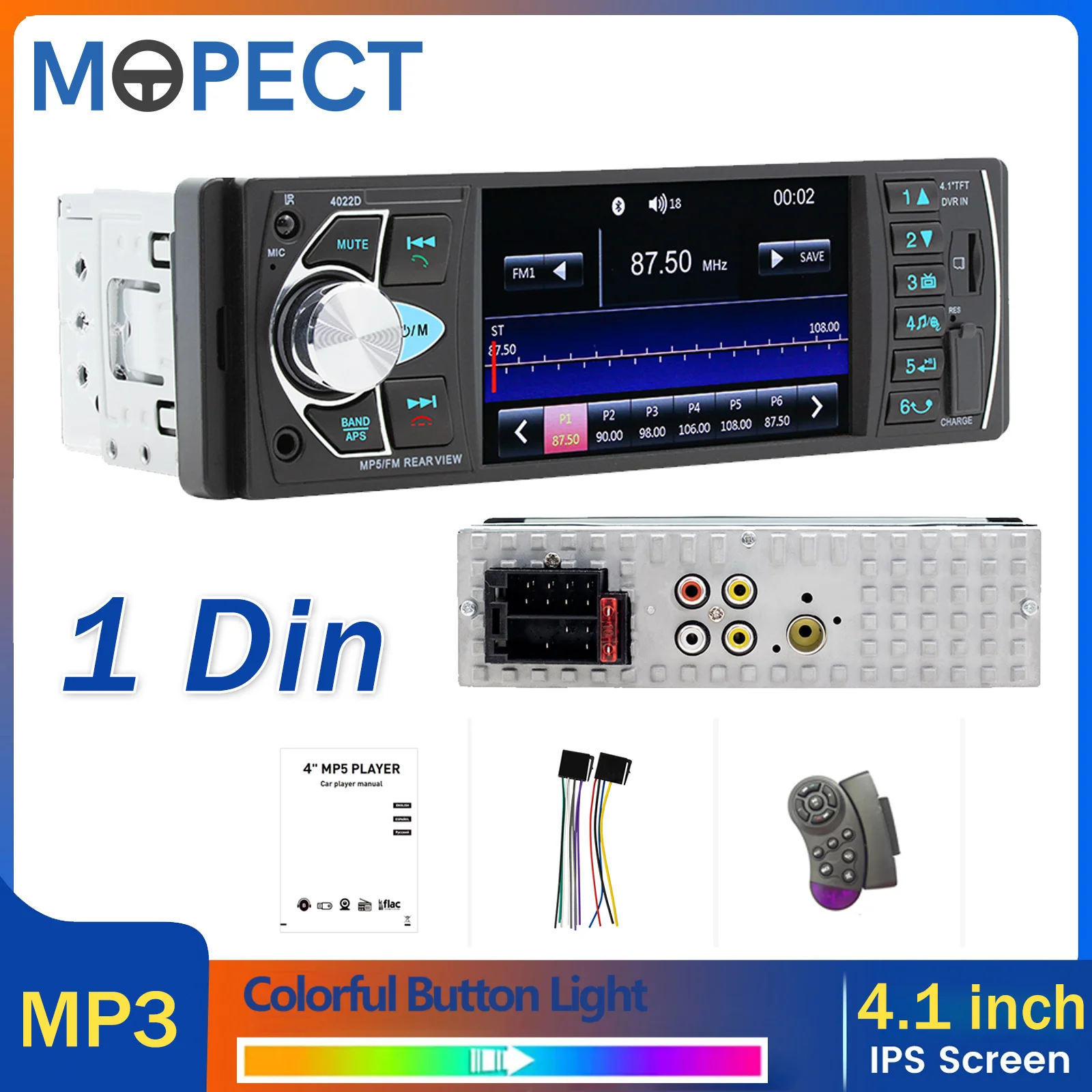 MOPECT 1DIN Autoradio mit Bluetooth-Freisprechfunktion, 7 Farben, MP3-Player, USB/TF-Kartensteckplatz, Aux-Eingang, FM/AM-Radio
