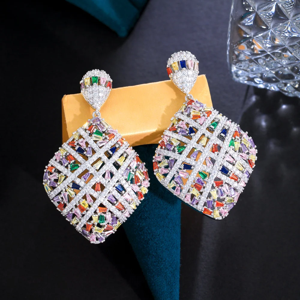 CWWZircons Fancy Cross Line Colorful Heavy Cubic Zirconia Stone Pave Luxury Big Rhombic Drop Engagement Earrings for Women CZ539