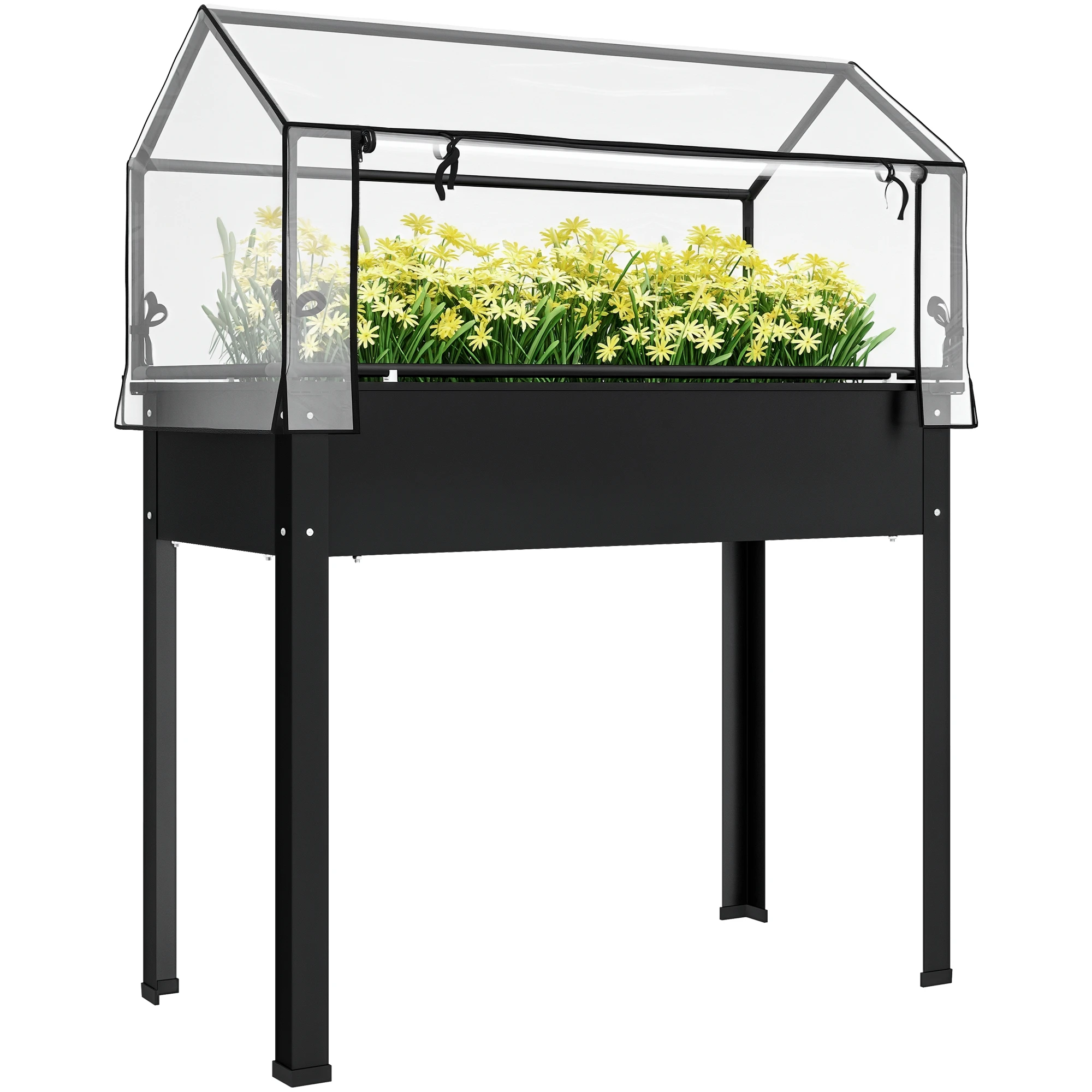 

Elevated Garden Box with Greenhouse Cover, Raised Garden Bed with Legs and Drainage Hole for Vegetables, Black