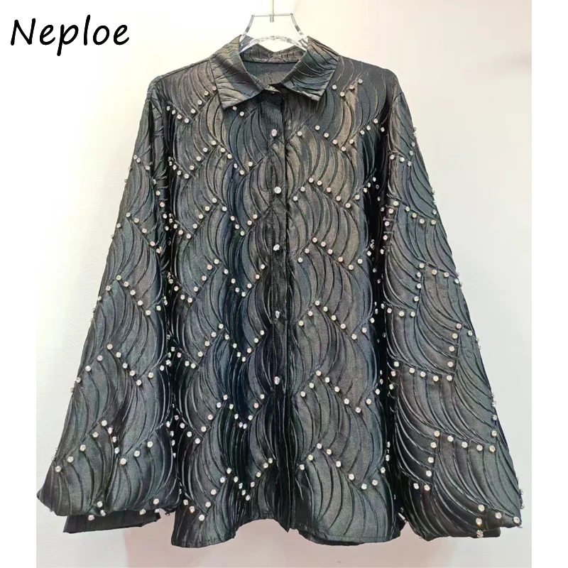 Neploe Heavy Loose Flare Sleeve Hong Kong Style Ropa Mujer Vintage Chic Europe Elegant Shirts Hollow Out Minority Western Blusas