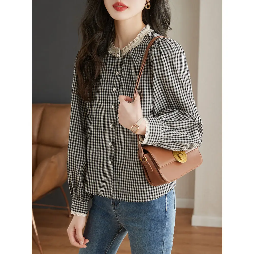 Spring and Summer New French Retro Round Neck Lace Checkered Shirt Feminine Long Sleeved Top