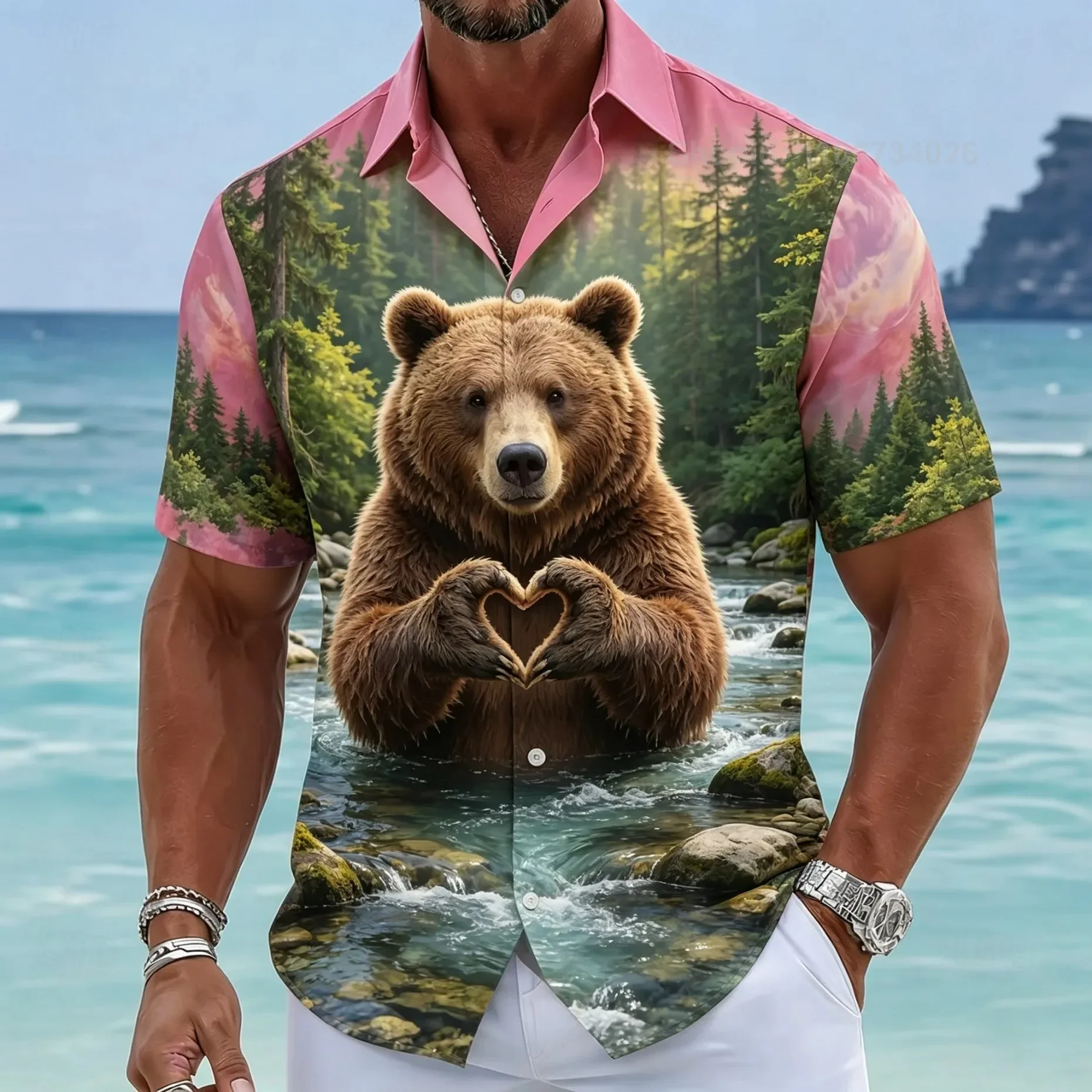 Men's Lion Heart Hand Sunset Print Short Sleeve Shirt 3D Safari Beach Graphic Casual Button Down Top for Spring & Summer