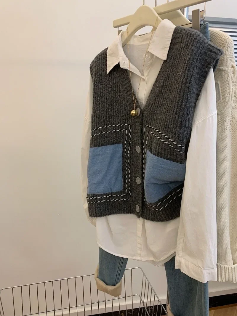 Pull patchwork à col en V pour femme, cardigan vintage, veste Y2K, haut court, streetwear, nouveau, automne