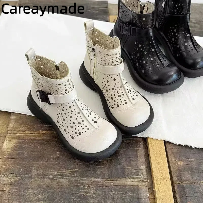 

Careaymade-Summer wider toe Women's Shoes,retro round toe hollow breathable sandals, women thick soled summer mesh short boots