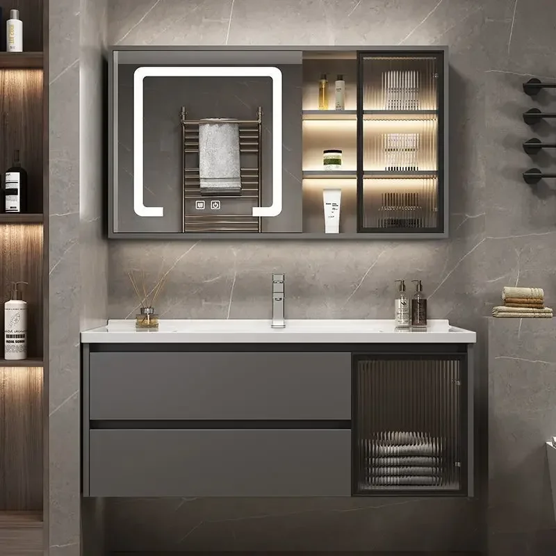 

Bathroom Cabinet Vanity with Ceramic Integrated Sink Storage Combination with Mirror Cabinet Lacquered Bathroom Toilet Furniture