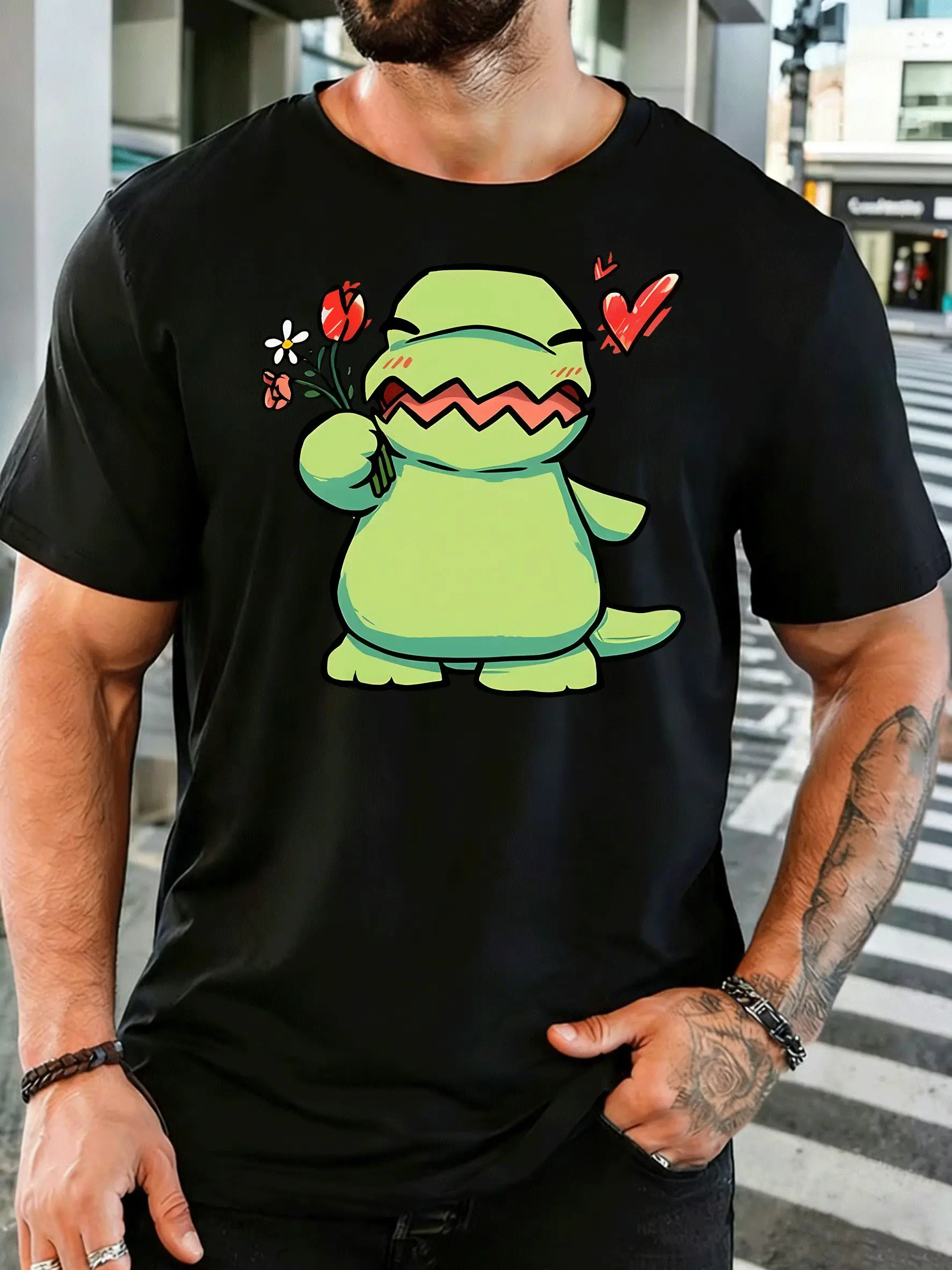 Men Short Sleeve T Shirt Cute Dinosaur Flower Graphic Tee Love Heart Print Tops Summer Soft Cotton Casual Street For Adult Male