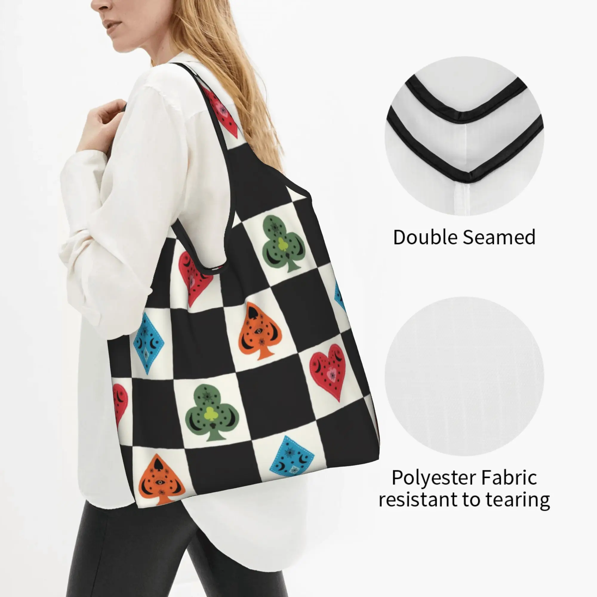 Funny Heart Spade Diamond Club Playing  Shopping Tote Bag Portable Checkered Plaid  Groceries Shopper Shoulder Bag