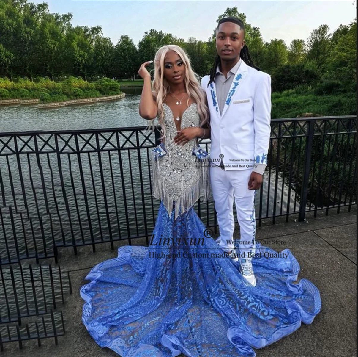 Sexy Blue Tassels Train Long Prom Dresses For Black Girls Luxury Crystal Beaded Africa Birthday Queen Gown vestido de noche