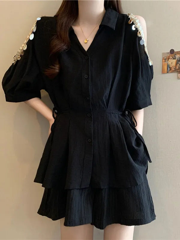 

plus Size Fashionable Summer Outfit Sparkling Shoulder Bared Shirt And Shorts Slimming Two Piece Set for Women Stylish Commut...