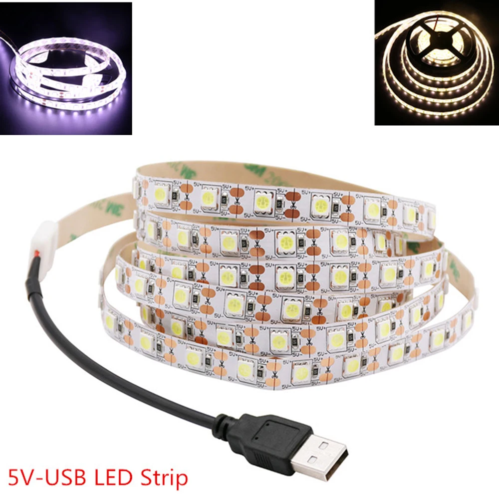 5V pasek LED USB 5050 zimny biały/ciepły biały oświetlenie tła do TV 60LEDs/m złącze na zatrzask USB 30cm 50cm 1m 2m 3m 4m 5m zestaw.