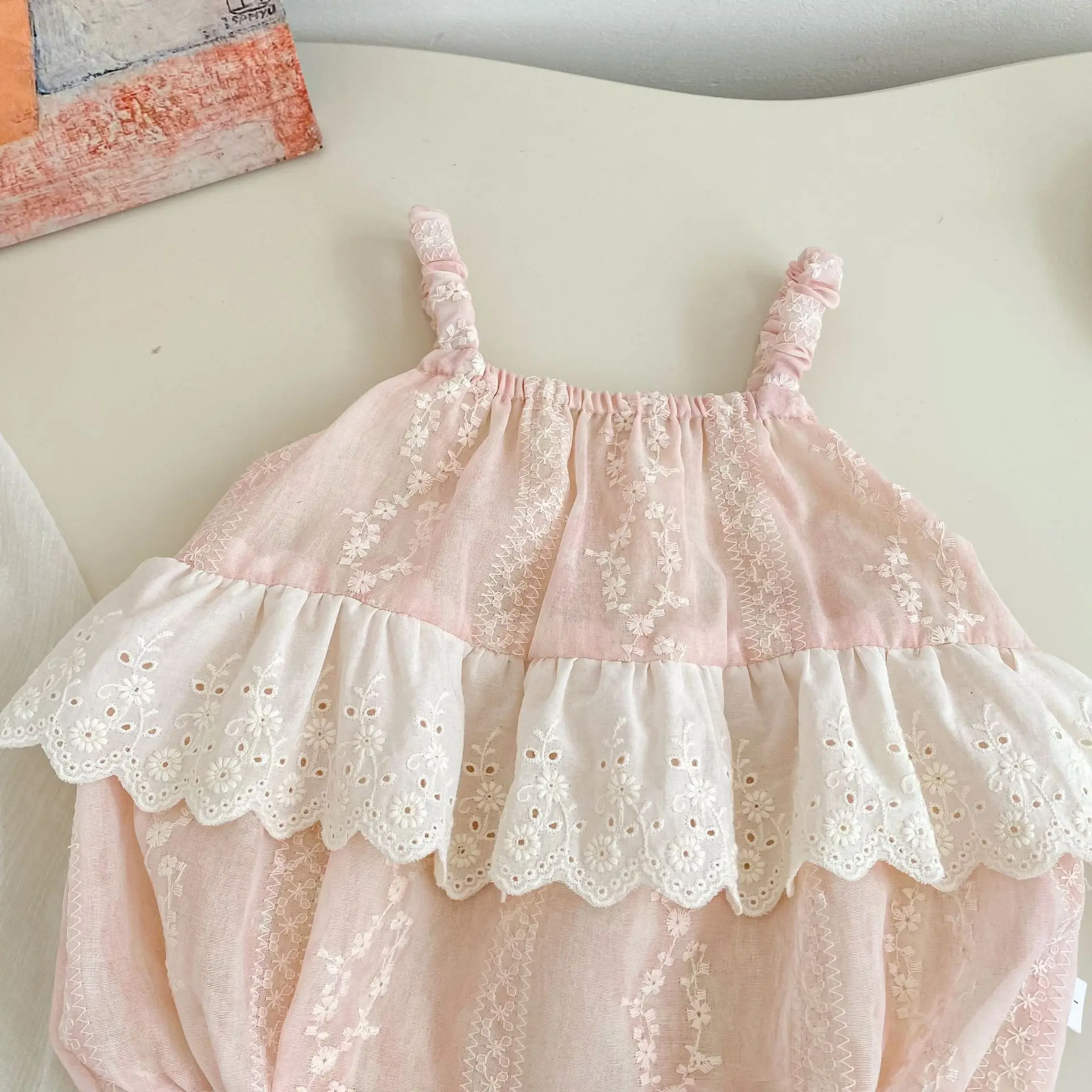 2026 Summer New Baby Girl Lace Flower Embroidery Sling Bodysuit Newborn Cute Princess Sleeveless Jumpsuit Toddler Girl Clothes