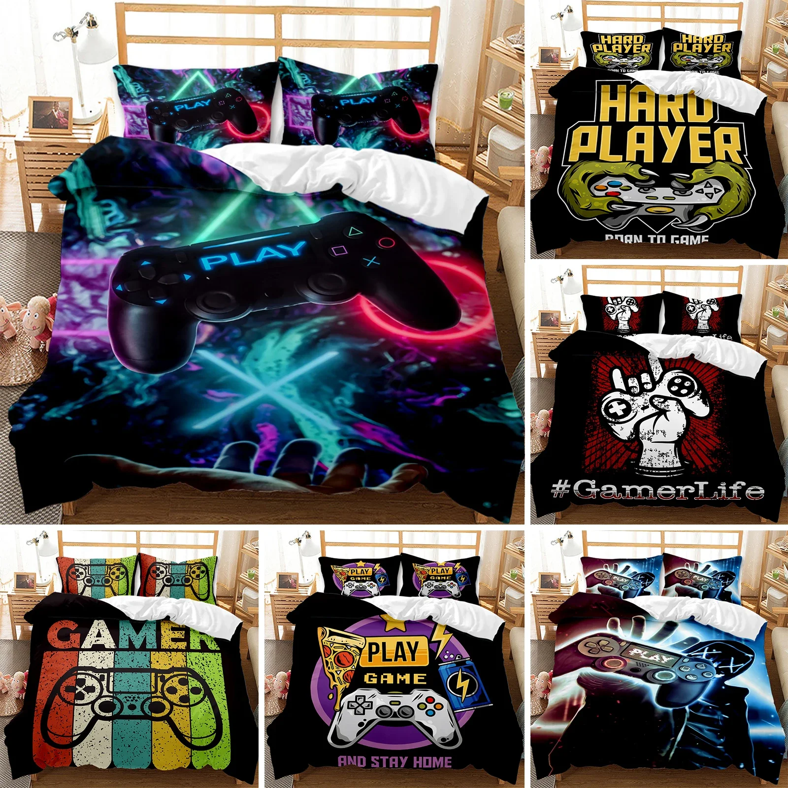 

Gaming Bed Duvet Cover Set Twin,Gamer Bedding Sets for Boys Kids,Game King Size Duvet Cover Set 2/3pcs Microfiber Game Bed Set