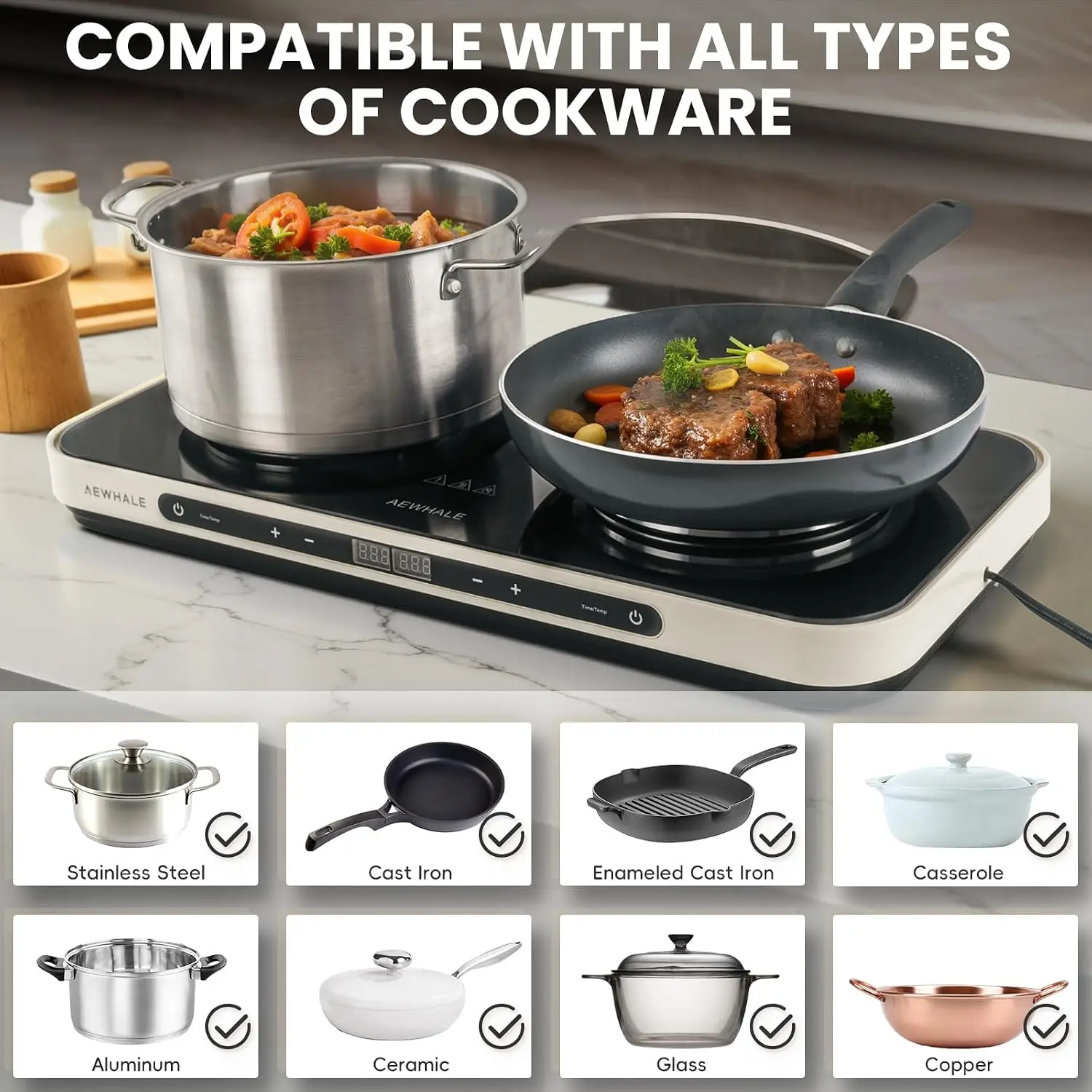 Electric Glass Cooktop 2 Burners | Removable Griddle Pan, Ceramic Non-stick, 900W+900W, Sensor Touch, Adjustable