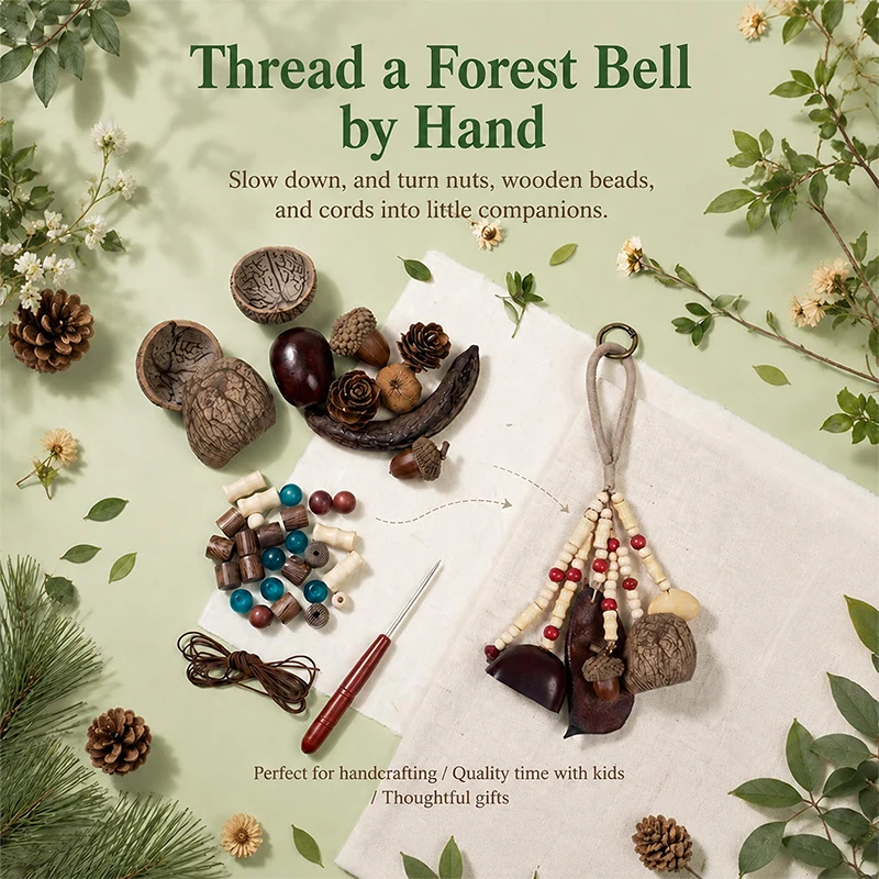 DIY Nut Shell Wind Chime Material Kit Handmade Forest Bell Hanging Ornament Wooden Bead Car Home Decoration Handcraft Gift