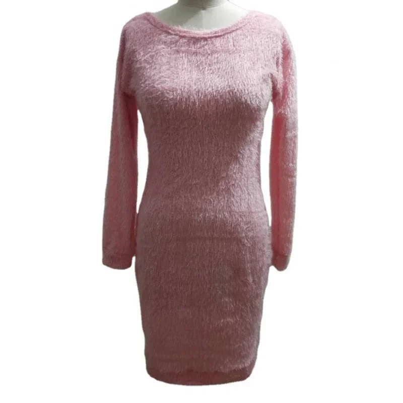 Lady Sexy Dress Slim Fit Long Sleeve Solid Color Wool Skirt Sexy Bodycom Women Plush Dress Elegant Casual Knitted Dress