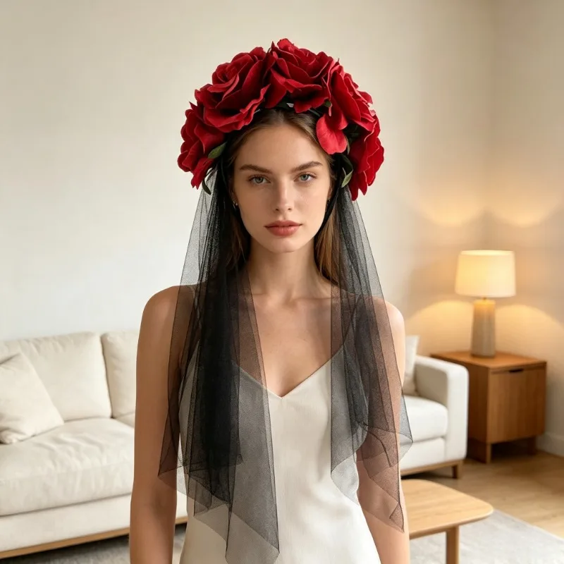 1-peca-acessorio-de-cabelo-para-fantasia-diy-de-halloween-e-festas-tiara-de-tule-preto-com-rosa-retro-de-poliester-para-encontros-festivos-e-tematicos-de-halloween