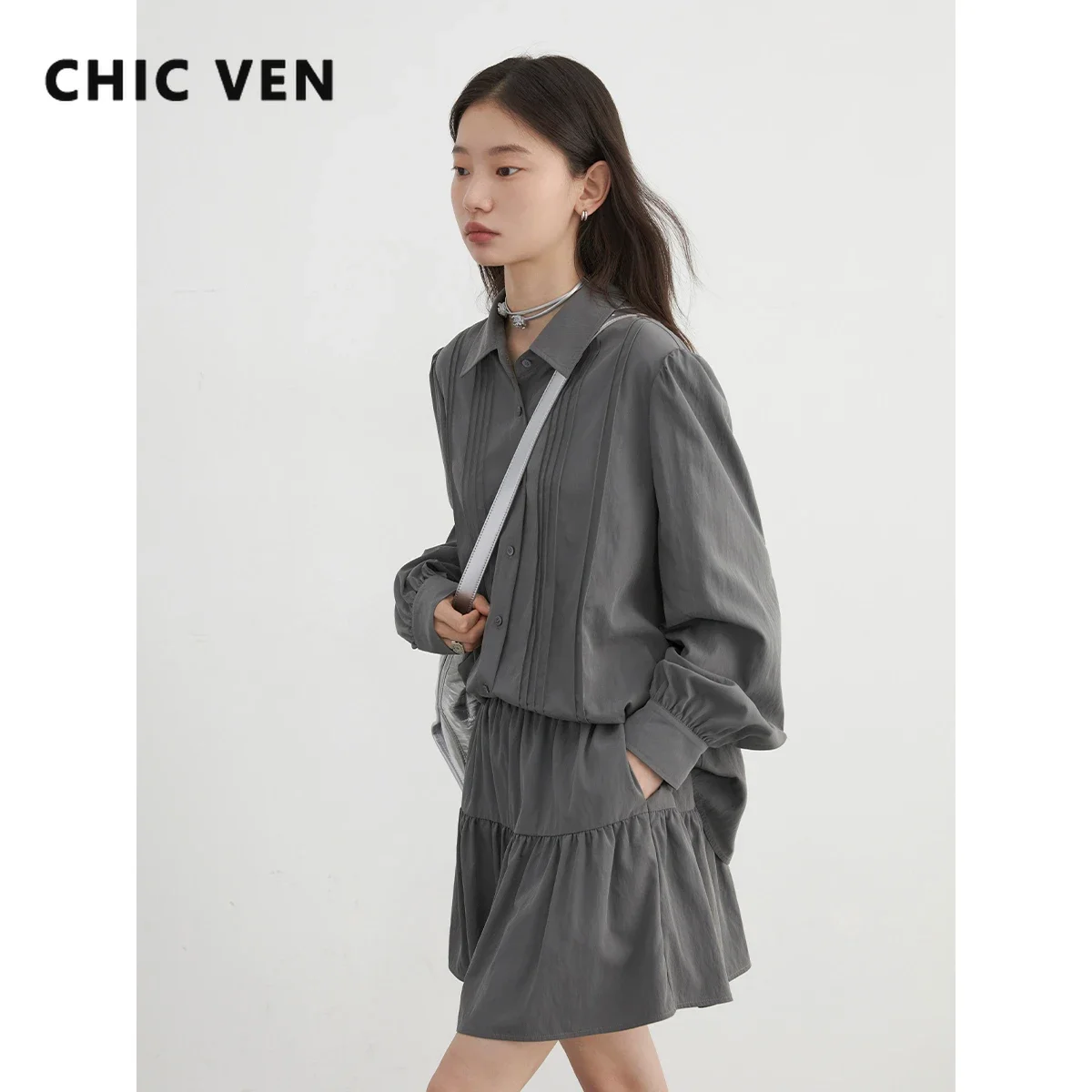 CHIC VEN Women Skirt Set Loose Casual New Textured Pleated Long Sleeved Shirts A-line Female Blouse Spring Autumn 2024