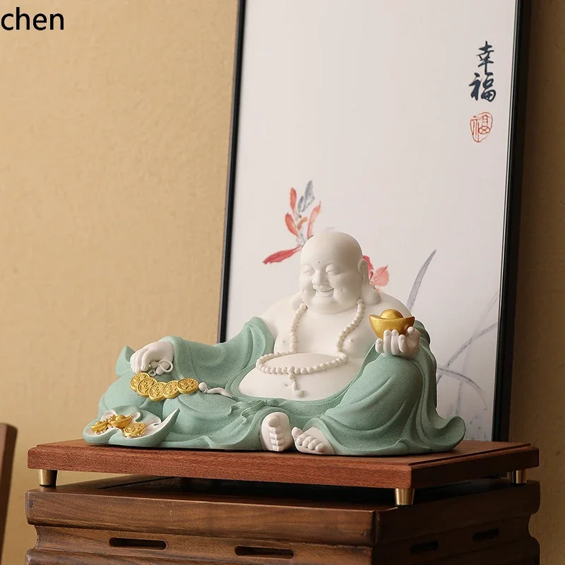 DSA  Ceramic Maitreya Buddha Figurine Big Belly Happy  Bodhisattva Wealth-Attracting Home  Worship White Porcelain Buddha Statue