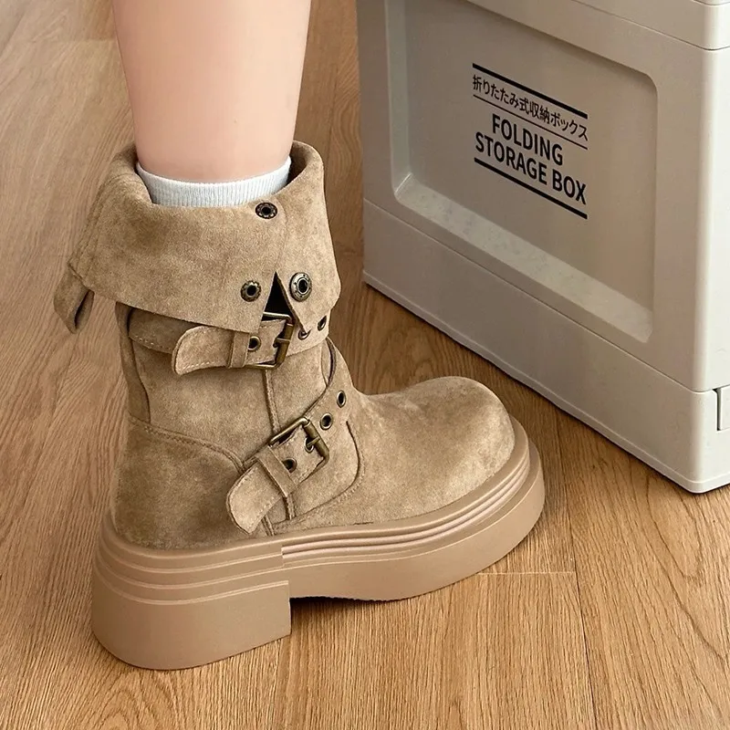 

Brown Boots for Women Summer Thick-Soled Two-Way Mid-Calf Riding Boots with Chunky Heels Short Boots