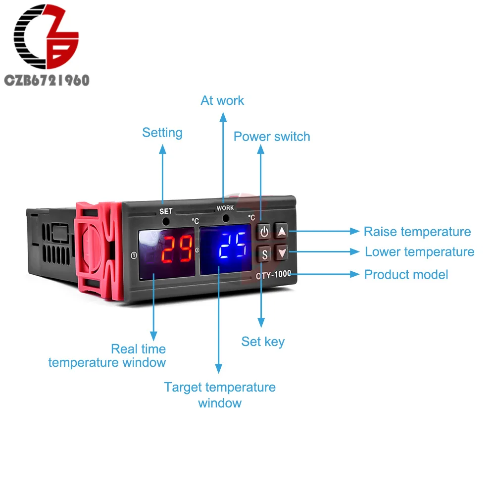 OTY-1000 AC 220V K Type Thermocouple Probe 10A Digital Temperature Control LED Display Thermostat With Heat/Cooling Control 999℃