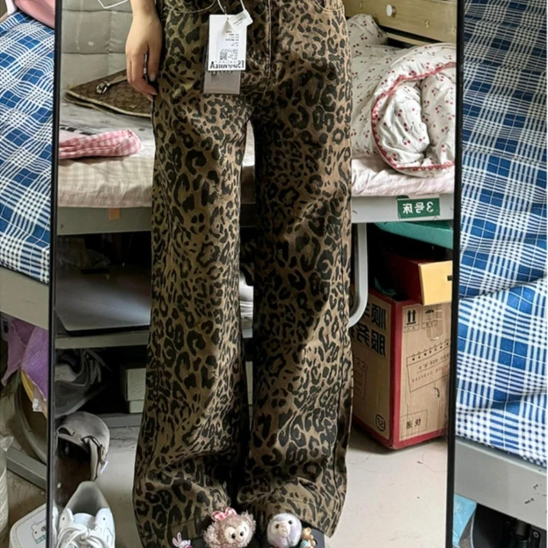 

Джинсы High Street с леопардовым принтом, женские новые свободные брюки с высокой талией, прямые широкие брюки, модные