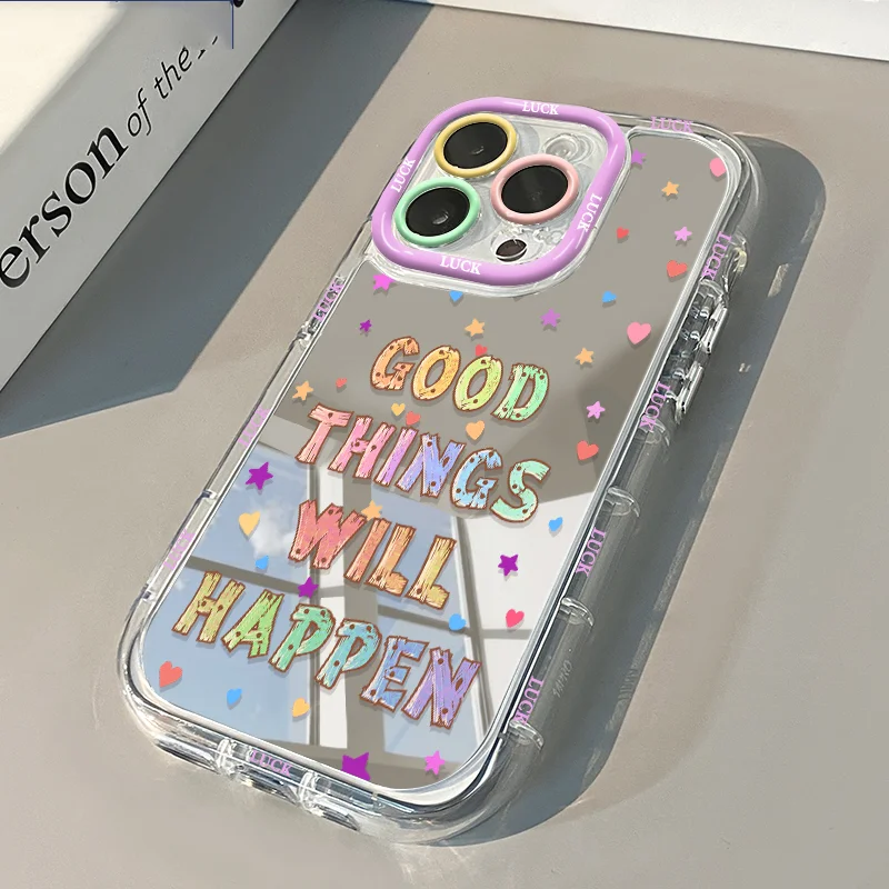 Cute Colored English Text Polk Star Mirror Phone Case For iPhone 17 AIR 16 15 14 13 12 11 PRO MAX PLUS Anti Drop Dustproof Cover