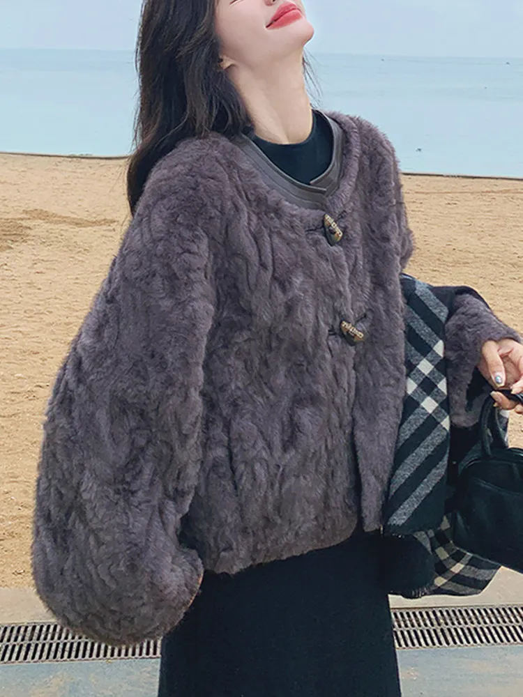 Thiened ort fourrure cuir Jaet femme décontracté ample chaleur petite Fraance Sle boutonné manteau rond Ne Long Sve