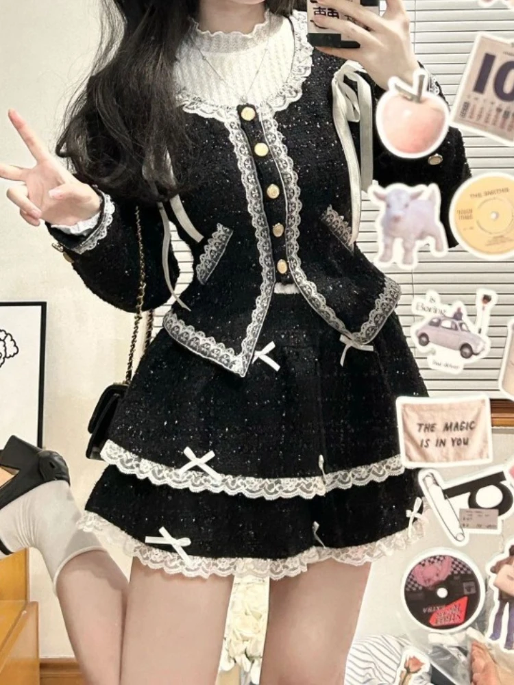 

Французский элегантный корейский модный женский костюм, комплект из 3 предметов, кардиган, пальто + кружевная базовая рубашка + мини-юбка, утягивающая женская одежда