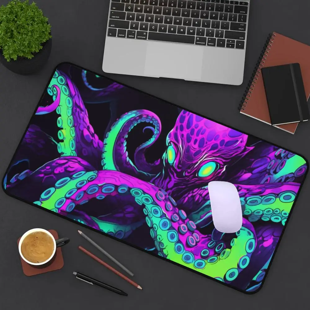 Octopus Desk Mat Cthulhu Neon Gaming Desk Mat Monster Themed Mouse Pad Green Desk Mat Fantasy Neoprene Gaming Mat Gift for Gamer