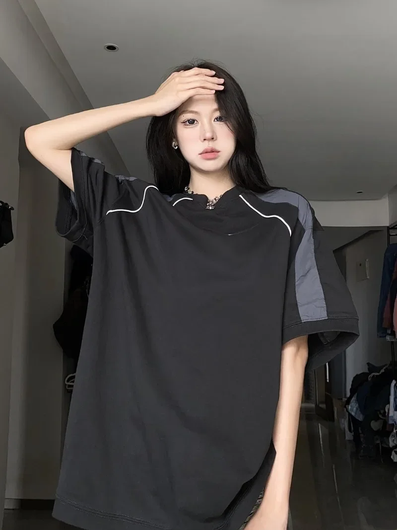 Vintage Black T-shirts Women Oversized Cyber Y2k Korean Streetwear Short Sleeve Tees Hip Hop Style Female Tops Techwear