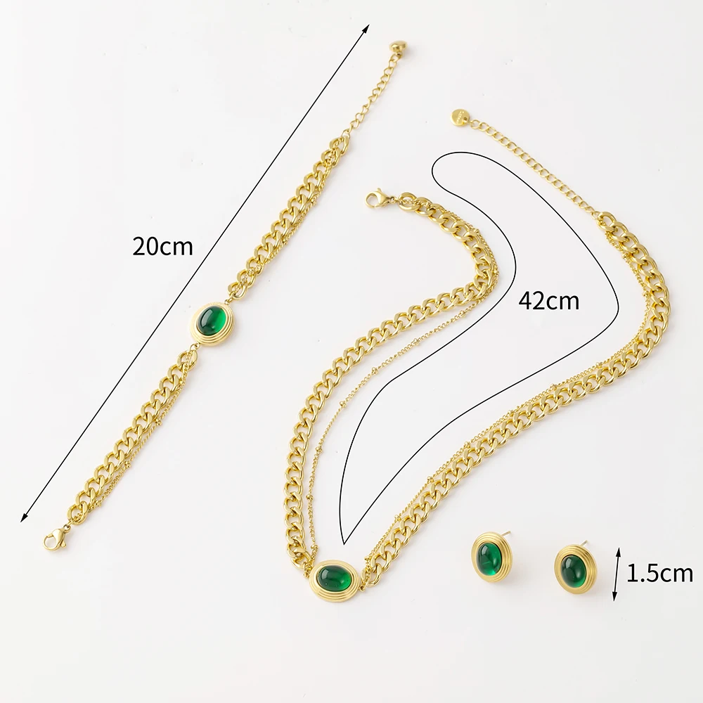 Fashion Stainless Steel Choke Necklace Bracelet Women's Jewelry Set Necklace Emerald Earrings Wedding Accessories Gift