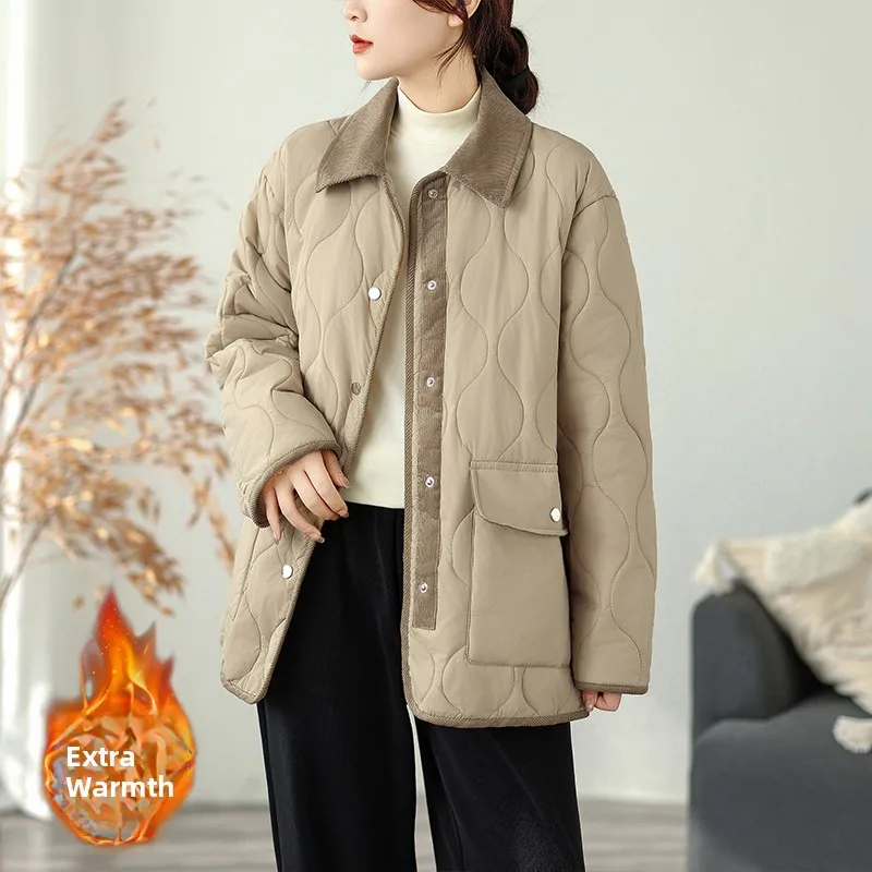 

Winter New Faion Loose Casual Lightweight Warm Cotton Jaet Corduroy Color Blo Collar Women's Outerwear Small Cotton Coat