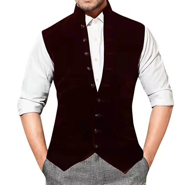 Мужской костюм, жилет, бархатный однобортный свадебный жилет с воротником-стойкой для жениха, приталенный жилет без рукавов в стиле стимпанк для мужчин, жилет