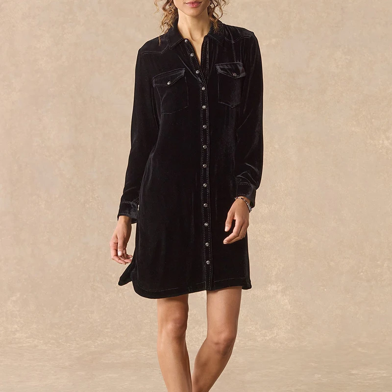 Abito corto vintage color unita deserto Abito casual monopetto a maniche lunghe a trapezio Abito camicia in velluto con colletto bavero da donna