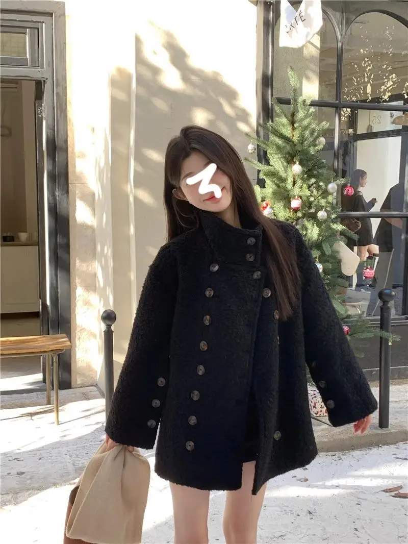 Retro Black Double-Breasted Furry Coat Women's Autumn Winter Loose Long Stand Collar Woolen Coat Korean Style Commute Fashion
