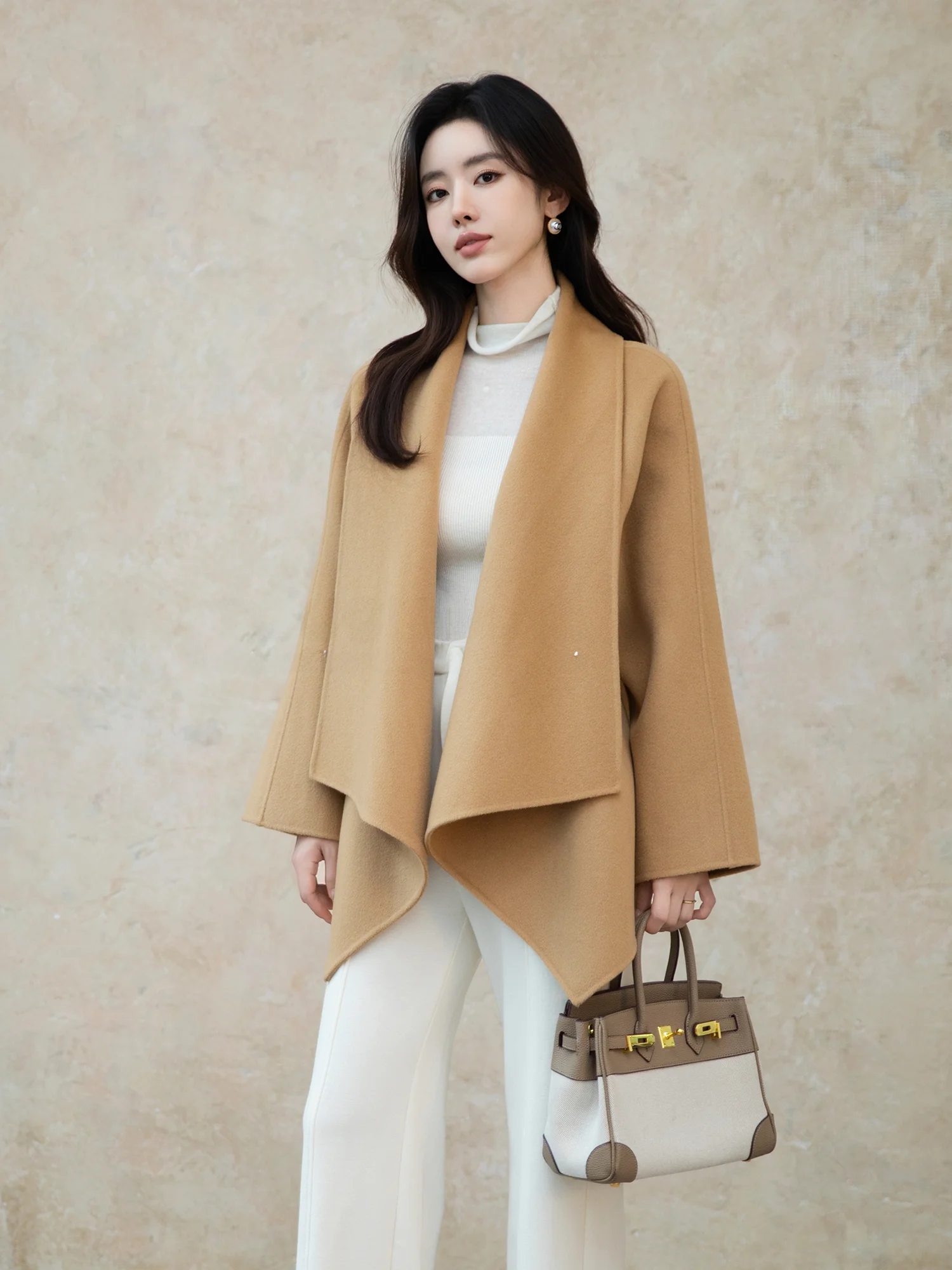 

Touchin Haute Warm Fog Private Language Double-Faced Woolen Cowl Ne Coat for Women Simple Autumn Winter Outerwear