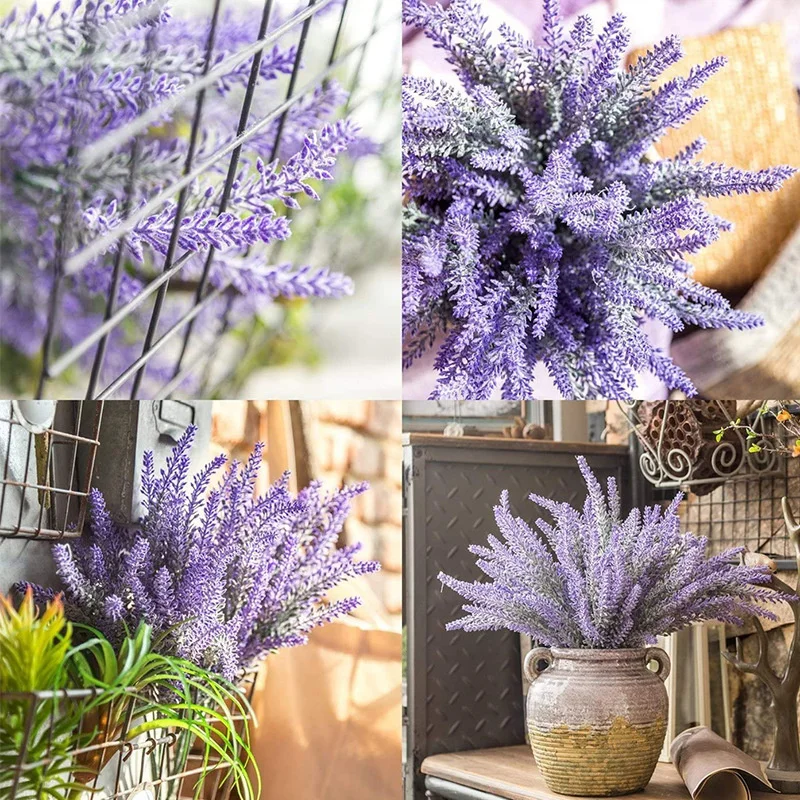 Artificial Flowers Flocked Plastic Lavender Bundle Fake Plants Wedding Bridle Bouquet Indoor Outdoor Home Kitchen Office Table