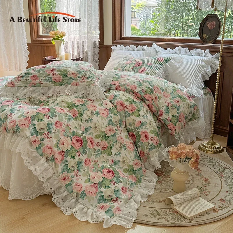 Floral Print Pure Cotton Korean Princess Style Bedding Set Bedskirt Bedspread Quilt Cover French Vintage Lace Bed Set Pillowcase