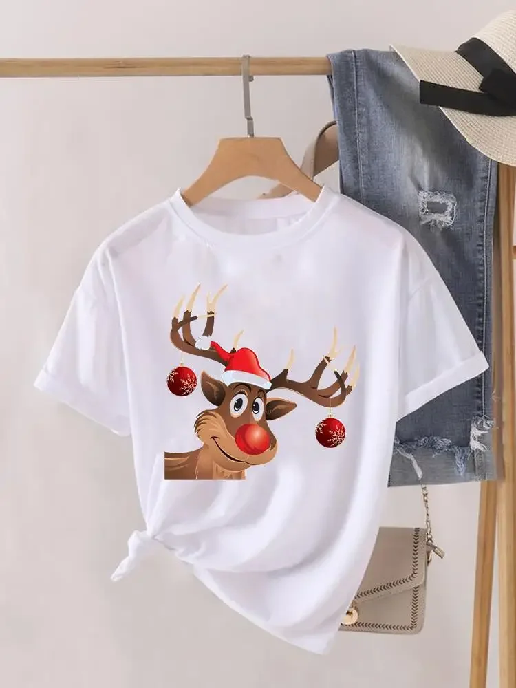 

Футболка женская с рисунком оленя, модный топ для праздника и Рождества, стильная рубашка с графическим принтом в стиле унисекс, Новогодняя одежда