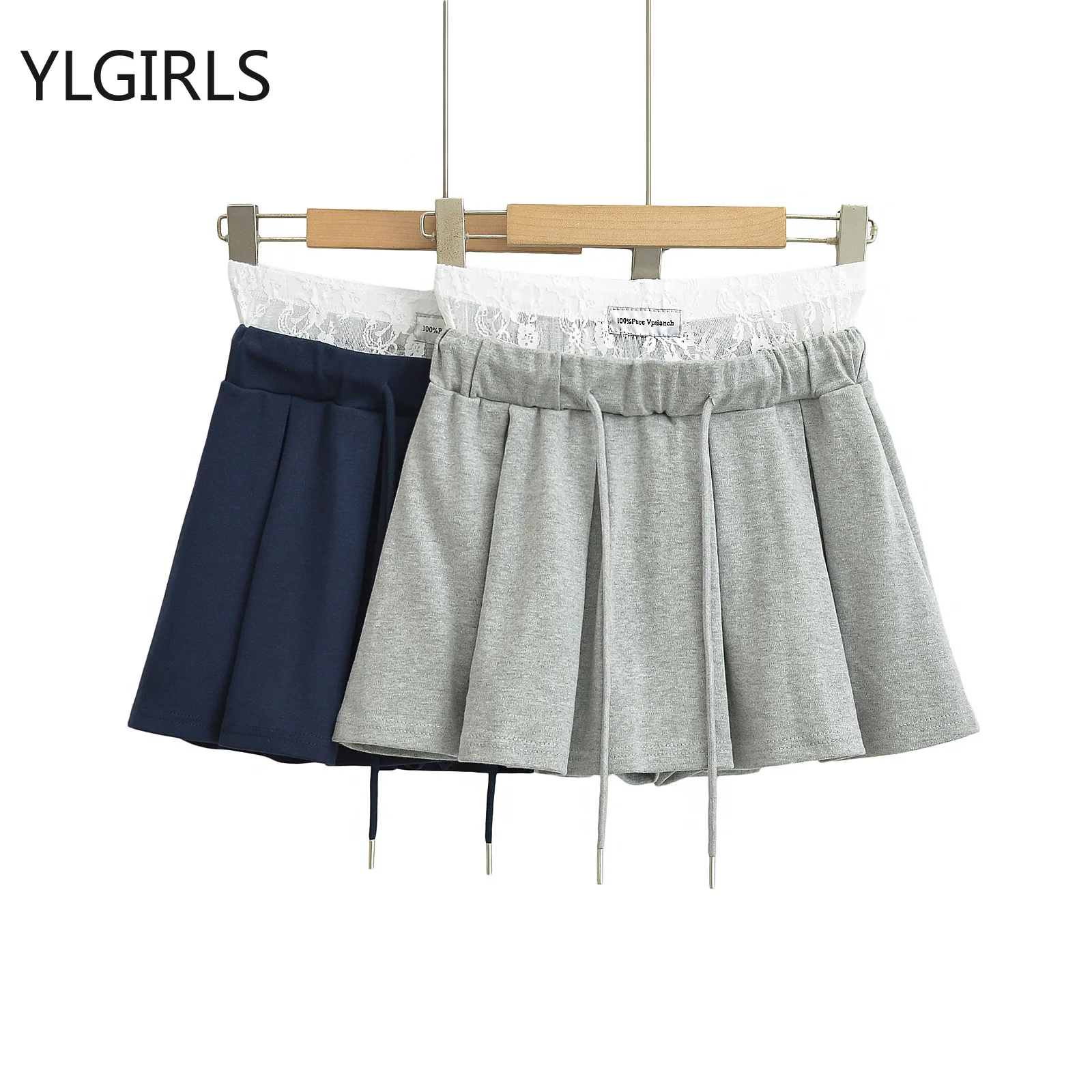 Spring and Summer Vintage Korean Retro Sexy Lace Patchwork Low Waist A-line Short Skirt Streetwear Fashion Mini Pleated Skirt