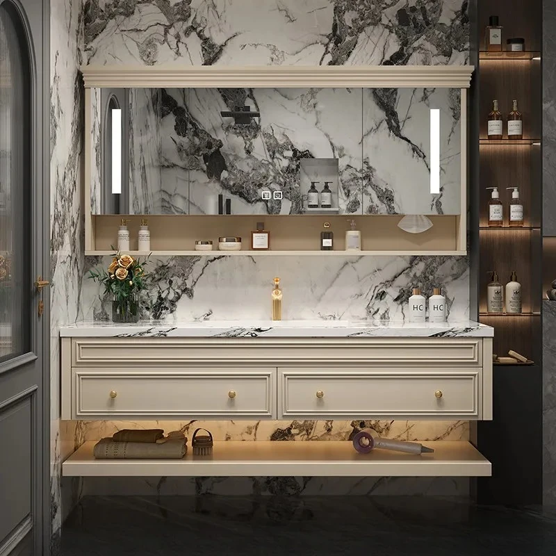 LHH  bathroom cabinet combination rock slab hot bending ceramic integrated basin toilet washstand cabinet
