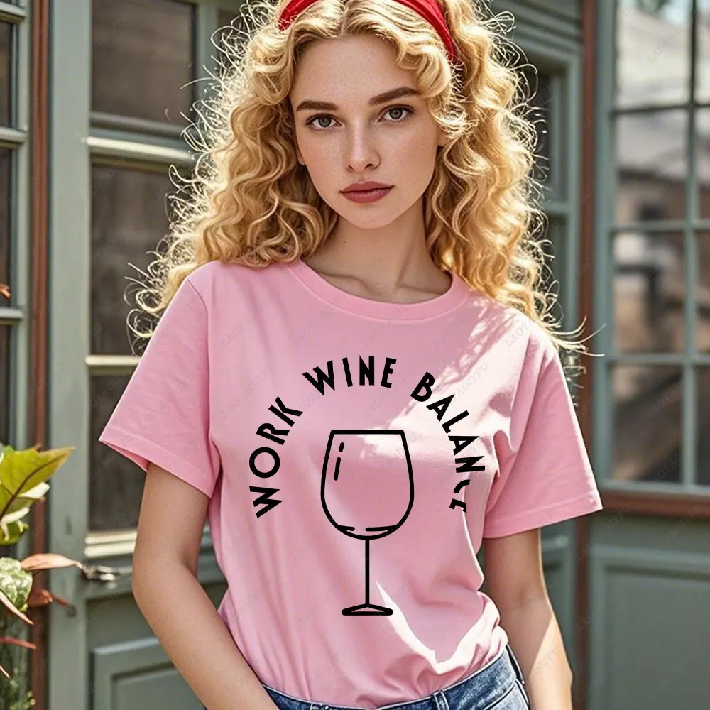 Work Wine Balance Tshirt Fun Wine T-shirt Men\'s Women Fashion Casual 100% Cotton T-shirts Clothing Short Sleeve Graphic Top