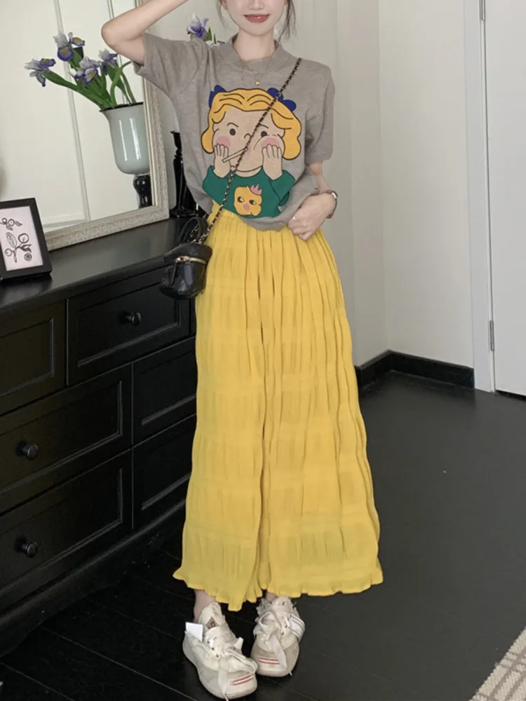 Summer Women\'s Skirt Suits 2 Piece Cartoon Printed Knitted T-shirt + Yellow Half Skirt Y2K Sweet Korean Fashion Woman Outfits