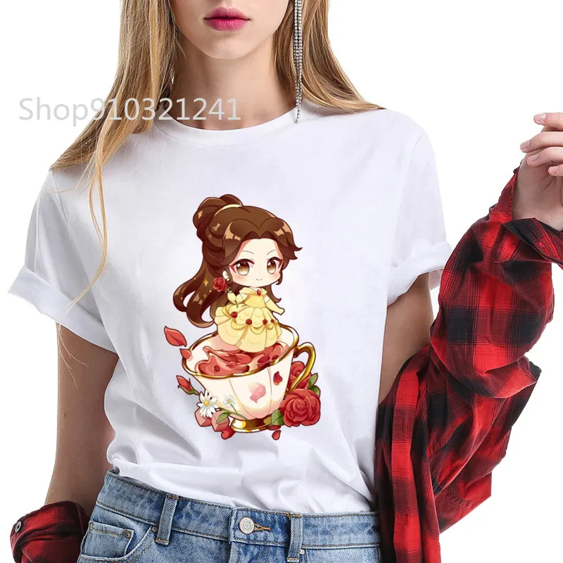 Women Summer Princess Belle Tshirts Fashion Lady Graphic Rose Tea White Female Tee Cinderella T-Shirts Cute Food T-shirt