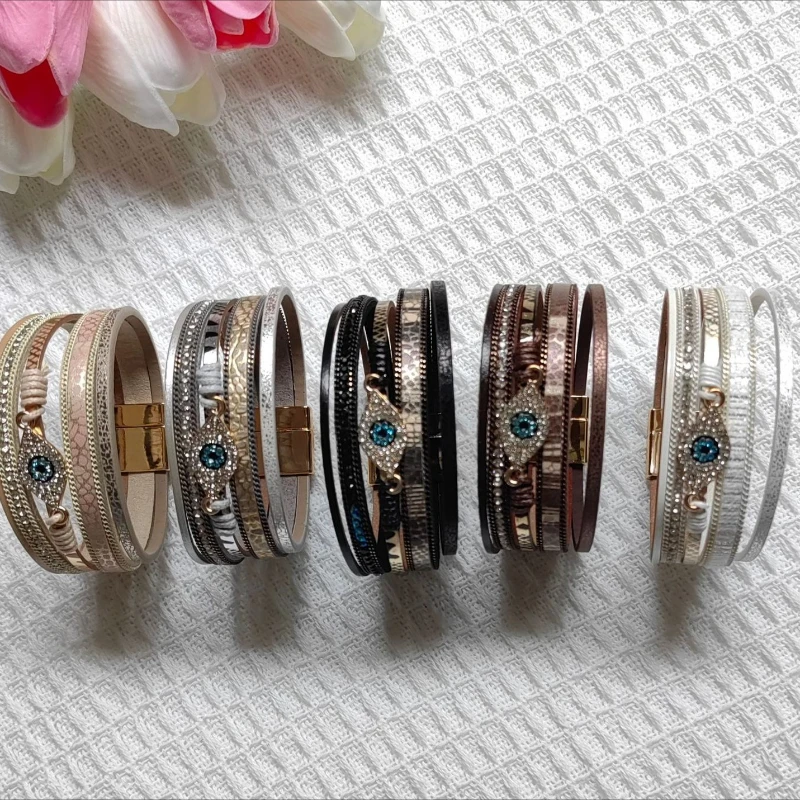Stackable Evil Eye Bracelets Genuine Leather Rhinestone Multi Layer Boho Protection Bracelet Daily Wardrobe Essential