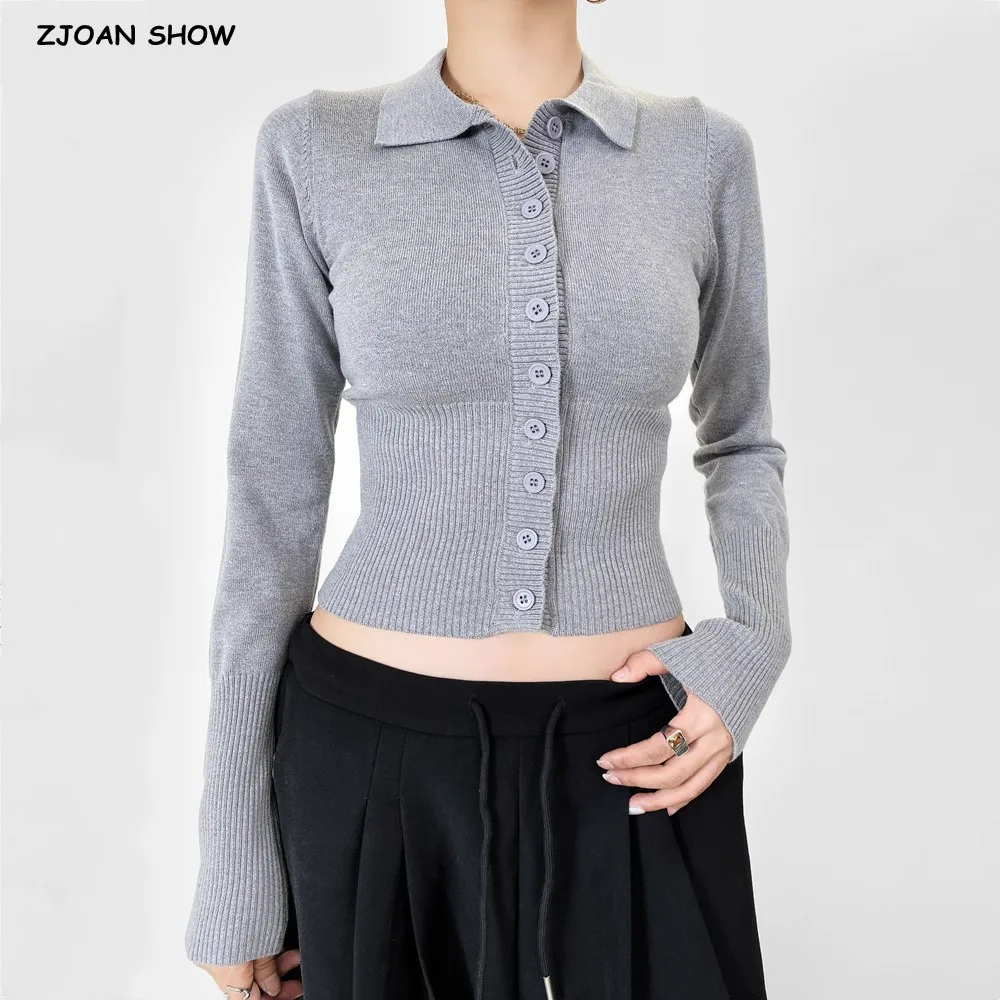 Gray American Retro Lapel Open Buttons Through Crop Pointelle Knitted Cardigan Slim Waist Sweater Woman Full Sleeve Jumper Black