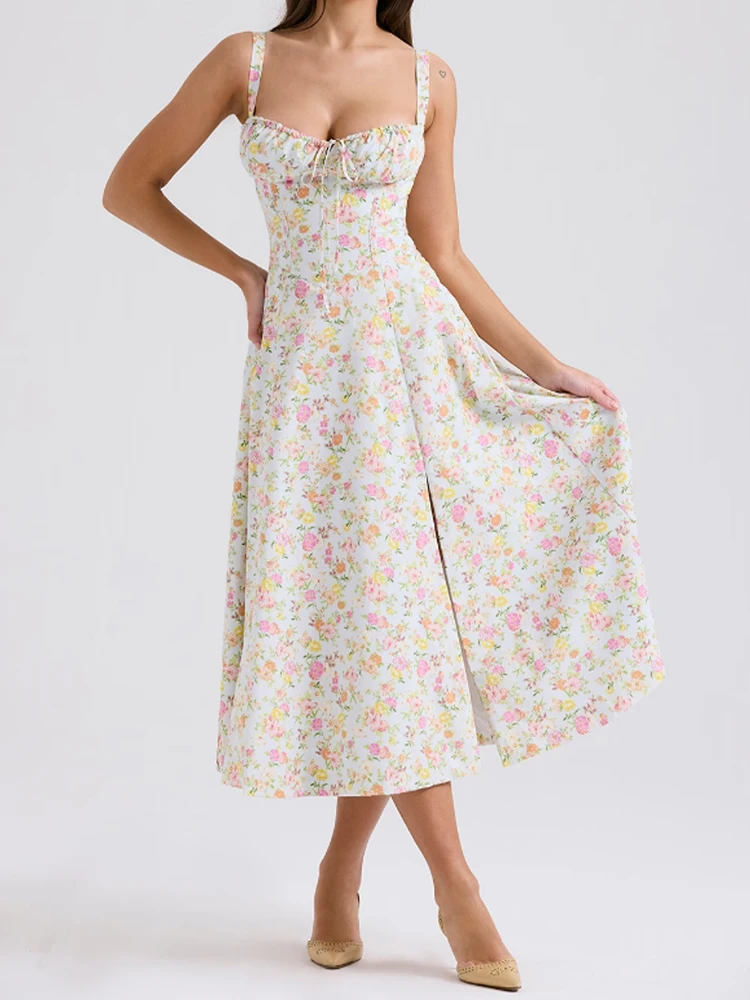 Neues florales Midikleid, böhmisches, fließendes Schlitzkleid, elegante Mode für Damen, Ausgehen, A-Linie, lässiges Sommer-Sommerkleid, bedrucktes Neckholder-Kleid